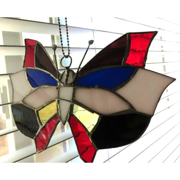 Vintage Stained Glass Butterfly Hand-Crafted Sun Catcher Red Blue White - Picture 11 of 12